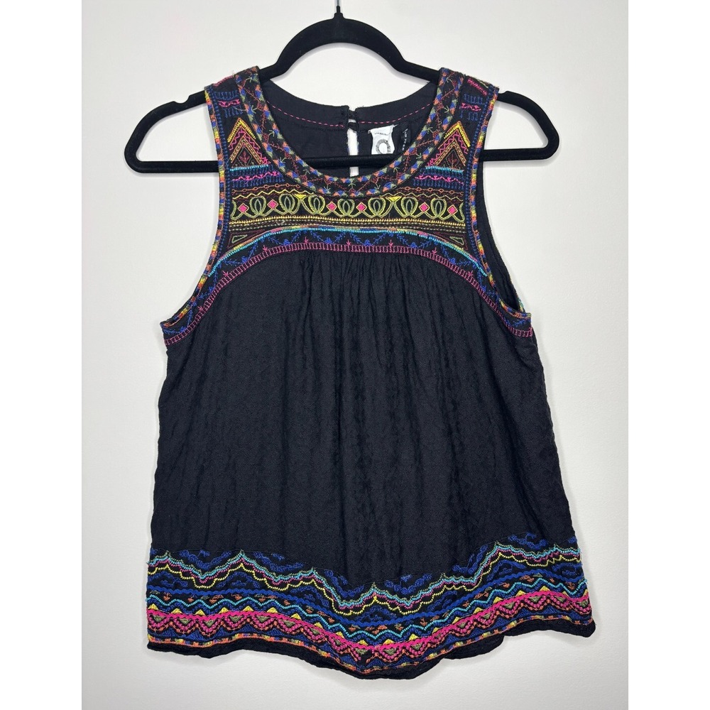 Anthropologie Embroidered‎ Beaded Sleeveless Top Black Multicolor Blouse Size 6